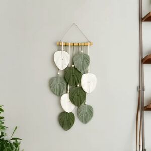 Boho Leaf Hanging Tapestry in Green and White